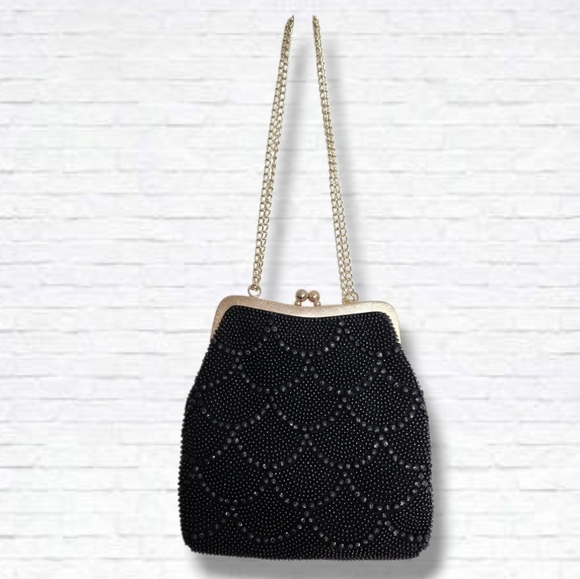 Vintage Handbags - Vintage Style By Du Val Black Beaded Evening Bag